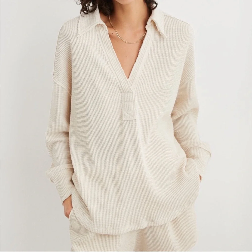 Aerie waffle polo shirt in heather frost - Picture 3 of 4